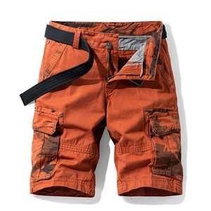 Men's orange cargo shorts with camouflage accents and black woven belt, flat lay view