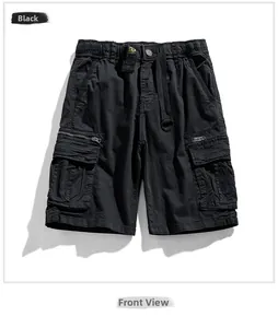 Detail view of black cargo shorts featuring elastic waist, woven belt and side utility pockets