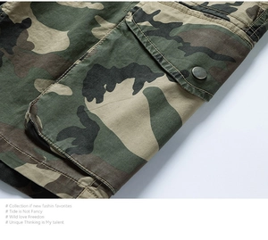 Detailed close-up of tactical camo shorts featuring heavy-duty side cargo pocket with button