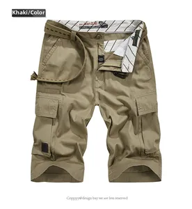 Detail of khaki cotton cargo shorts featuring multi-pocket design and woven utility belt