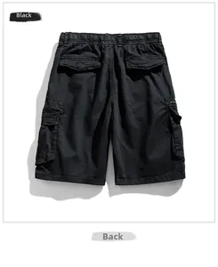 Back view of black cargo shorts featuring elastic waist and functional flap pockets