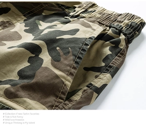 Detail of cargo shorts showing camouflage print, elastic waist and durable stitching