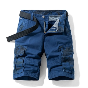 Men's navy cargo shorts with camouflage details and a black woven belt on white background