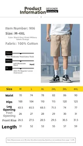 Detailed size chart for men's cotton cargo shorts showing waist and hip measurements