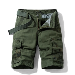 Army green cargo shorts for men with camouflage pockets and a matching canvas belt