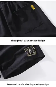 Detail of back pocket with yellow tag and NASA 74 gold print on black shorts hem