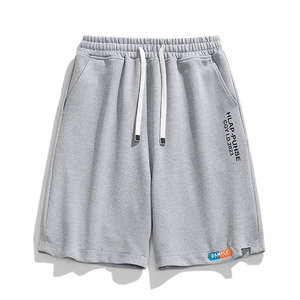 Men's casual grey knit sports shorts with elastic drawstring waist and letter printing
