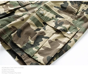 Detail of cargo shorts pocket featuring classic jungle camouflage and metal button closure