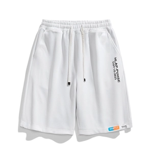 White casual sports shorts with HLAP-PUHSE text print and orange sample tag detail