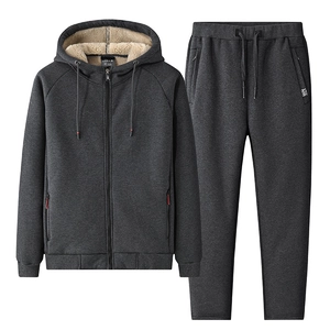 Men's winter heavy fleece-lined hoodie set with thermal faux lamb wool in charcoal grey
