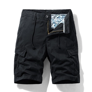 Men's black cargo shorts with multi-pockets, drawstring waist and floral lining detail