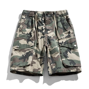 Men's camouflage cargo shorts with elastic drawstring waist and large tactical pockets