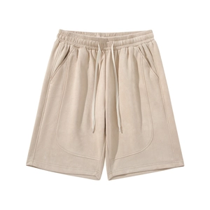 Men's casual breathable faux suede shorts in cream beige with elastic drawstring waist