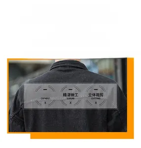 Detail of grey denim jacket back with breathable fabric and contrast stitching