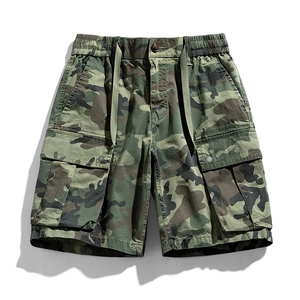 Men's loose fit cargo shorts featuring jungle camouflage print and large utility pockets
