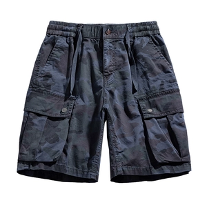 Men's functional cargo shorts with blue camo print and adjustable drawstring waist