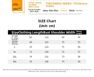 Detailed size chart for men's denim jacket showing S-3XL measurements in cm
