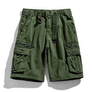 Men's army green cargo shorts with tactical pockets and elastic drawstring waist