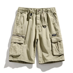 Relaxed fit khaki cargo shorts for men featuring elastic waist and utility pockets
