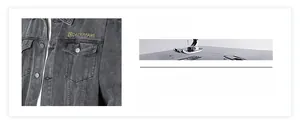Detail of dark grey denim jacket with embroidery logo, chest pockets and metal buttons