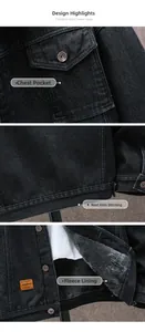 Detail view of black fleece-lined denim jacket featuring pockets and inner lining
