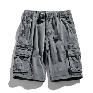 Men's charcoal grey cargo shorts with multi-pockets and elastic drawstring waist