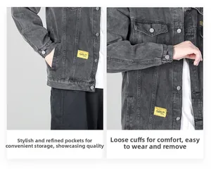 Detail of dark gray washed denim jacket featuring side pockets and metal button cuffs