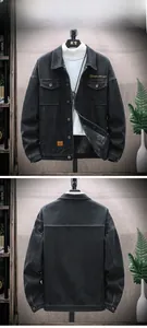 Detail of men's fleece-lined denim jacket showing lamb wool lining and embroidery