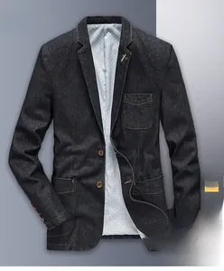 Close-up of casual dark grey denim blazer with notch lapels and two-button closure