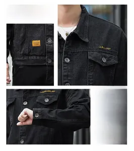 Detail of black denim jacket featuring yellow SERLU ELIEF embroidery and metal buttons