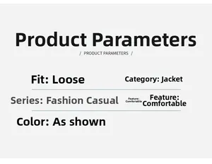 Detailed product specifications for loose fit fashion casual jacket showing size and comfort