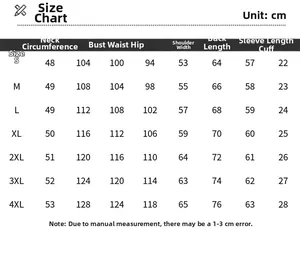 Detailed size chart for men's denim jacket showing S to 4XL measurements in CM