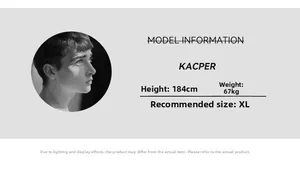 Size guide with model parameters 184cm and 67kg showing recommended XL fit for shirts