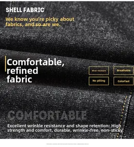 Close-up of durable navy denim suit fabric showing breathable twill texture and quality