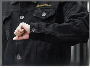 Detailed close-up of retro black denim jacket texture with embossed metal buttons