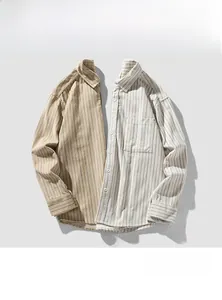 Detailed macro view of khaki and light grey striped shirts with chest pocket details