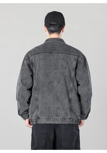 Detail view of charcoal grey washed denim jacket for men featuring high-quality cotton fabric