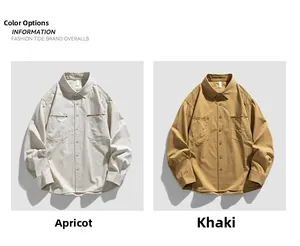 Detail of workwear shirts in apricot and khaki with double pockets and contrast stitching