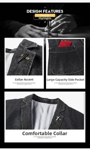 Detail view of denim blazer lapel with feather brooch and functional patch pockets