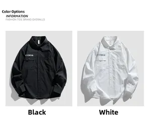 Close-up of black and white long sleeve shirts featuring utility chest pockets and print
