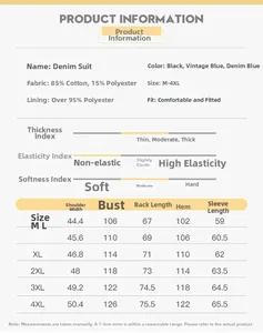 Detailed size chart for men's cotton denim blazer including chest and sleeve measurements