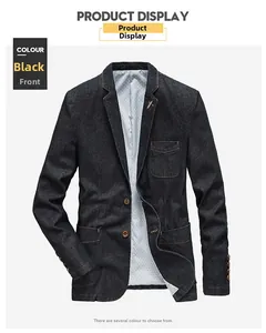 Front view of a black cotton casual blazer jacket with lapel and double button closure