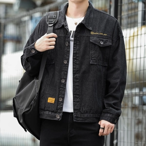 Classic black denim jacket for men featuring a slim fit, turnover collar, and yellow chest print