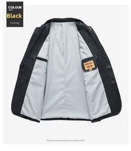 Detail shot of men's slim fit black jacket featuring interior pocket and size M label