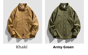 Detail of khaki and army green long sleeve utility shirts with dual chest pockets