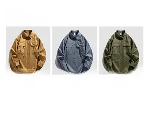 Detailed grid of long-sleeve cargo shirts in khaki, blue-grey, and army green cotton