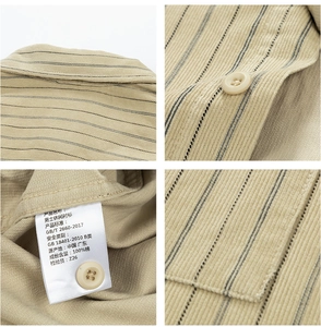 Detail view of cotton corduroy shirt featuring buttoned collar and front pocket stitching