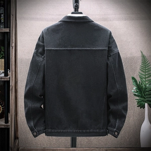 Back view of a slim fit washed dark grey denim jacket for men with premium stitching