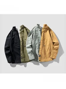 Detail view of long-sleeve cargo shirts in black, olive, grey-green, and ginger colors