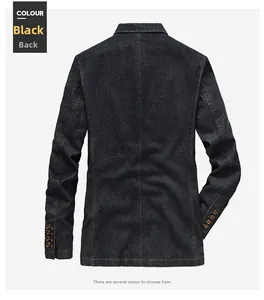 Back view of black cotton casual blazer showing center seam and amber cuff buttons detail